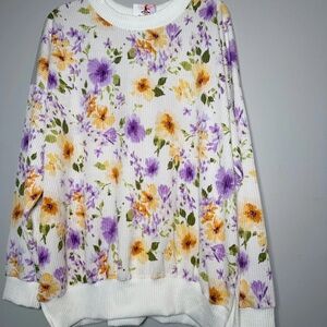 Floral Pullover Top - White with Purple & Yellow Flowers